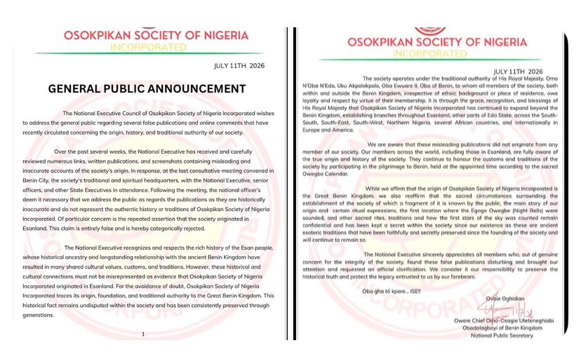 Osokpikan Rejects Claims of Esan Origin, Affirms Benin roots