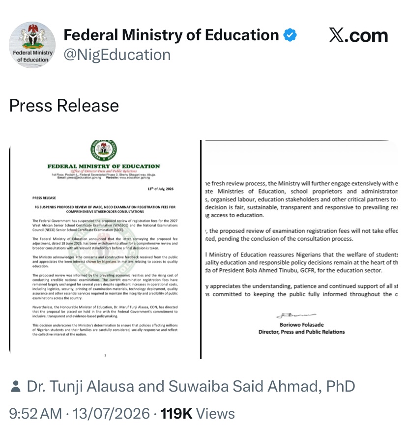 Federal Government Suspends WAEC, NECO Examination Fee Hike