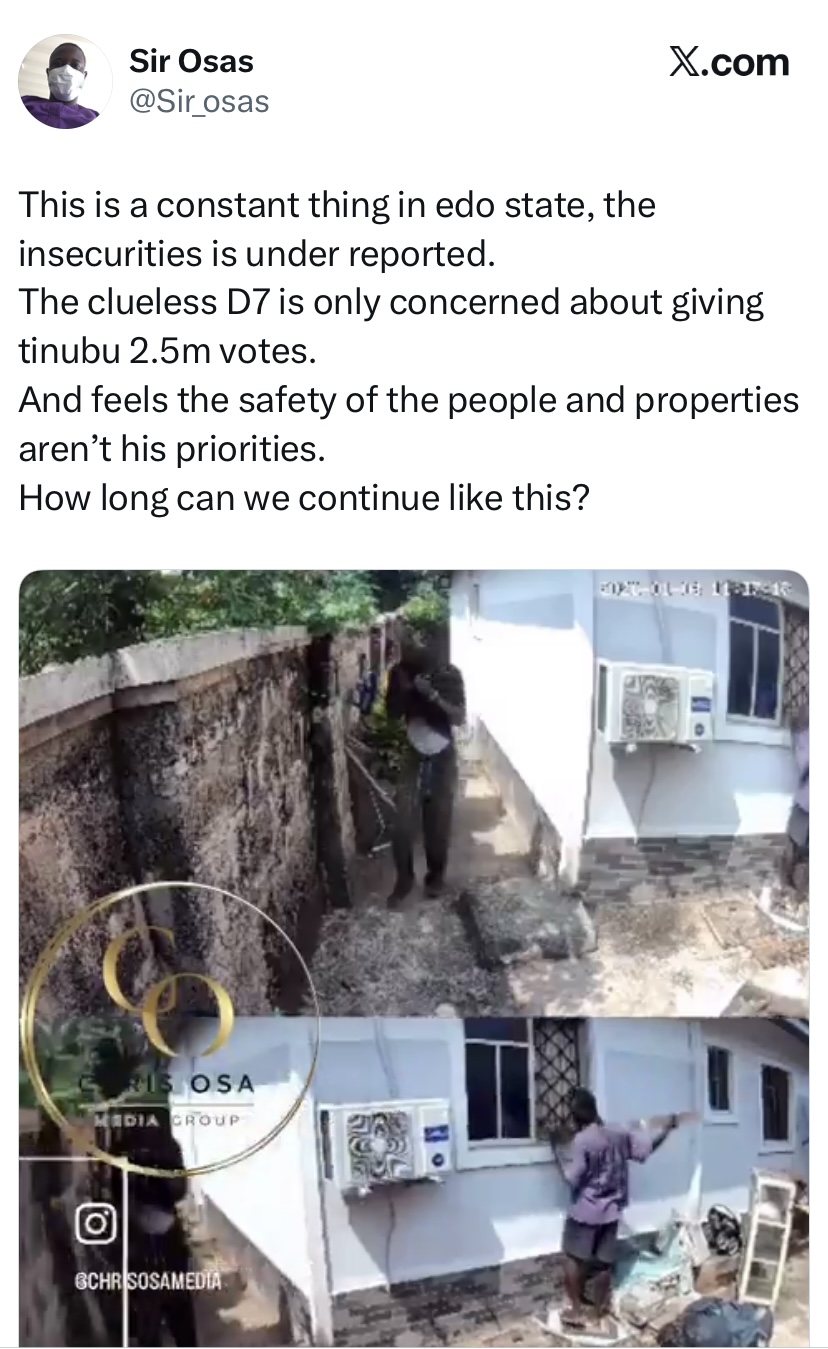 Viral CCTV Footage Highlights Persistent Insecurity in Edo State as Critic Accuses Governor of Prioritizing Politics Over Safety